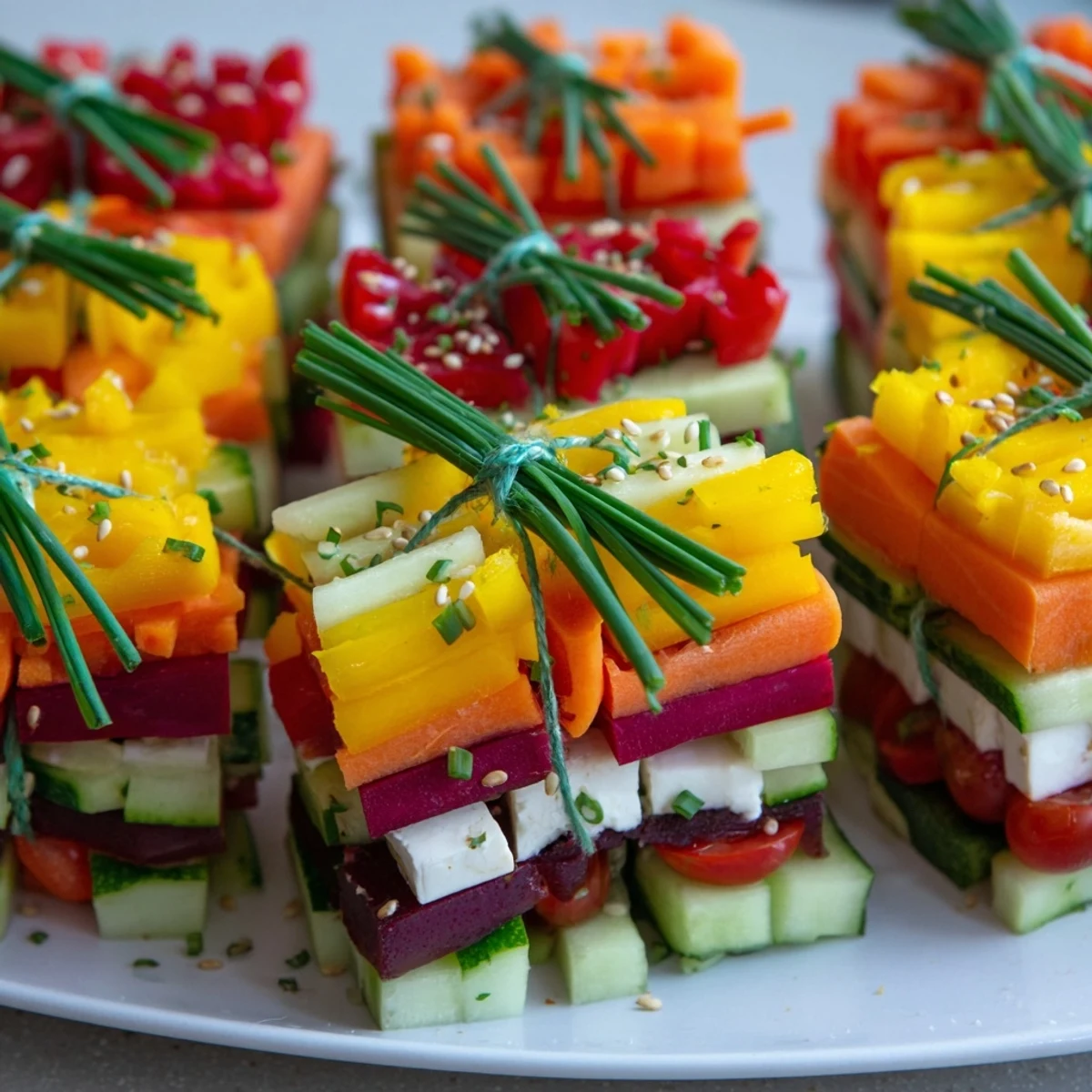 Freshly assembled Stacked Gift Box Veggie Cubes, with bright vegetable layers tied with chive ribbons, ready to serve.