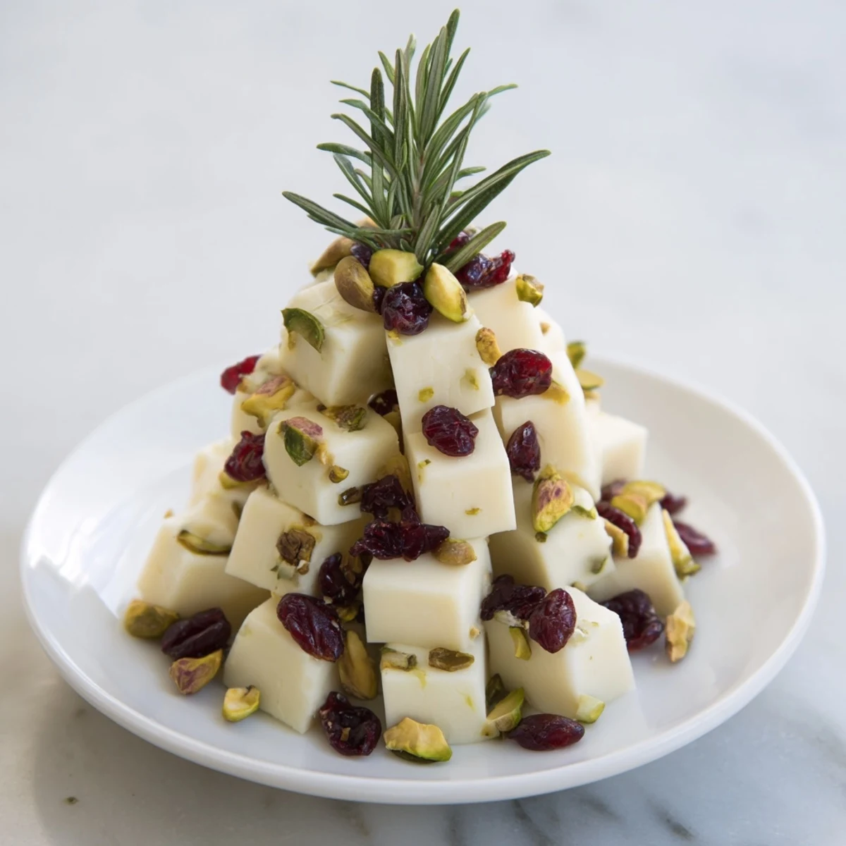 Cranberry White Cheddar Tree appetizer, a holiday delight with vibrant red cranberries and creamy cheese.