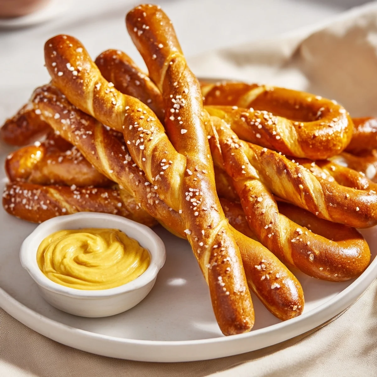 Close-up of crispy pretzel rods beside a small bowl filled with spicy hot mustard dipping sauce.