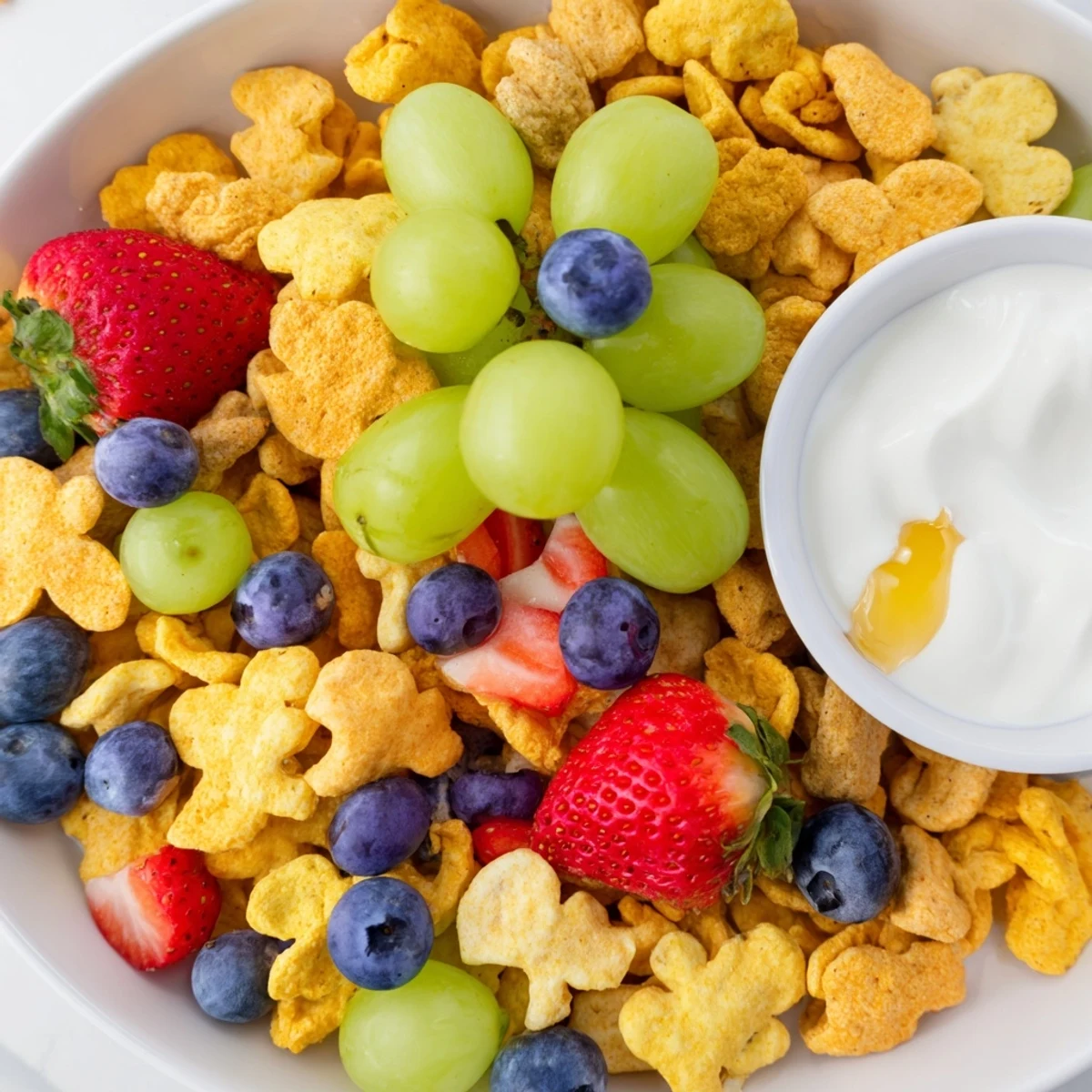 A vibrant pile of rainbow Goldfish crackers beside fresh fruit and creamy yogurt dip makes a fun snack.