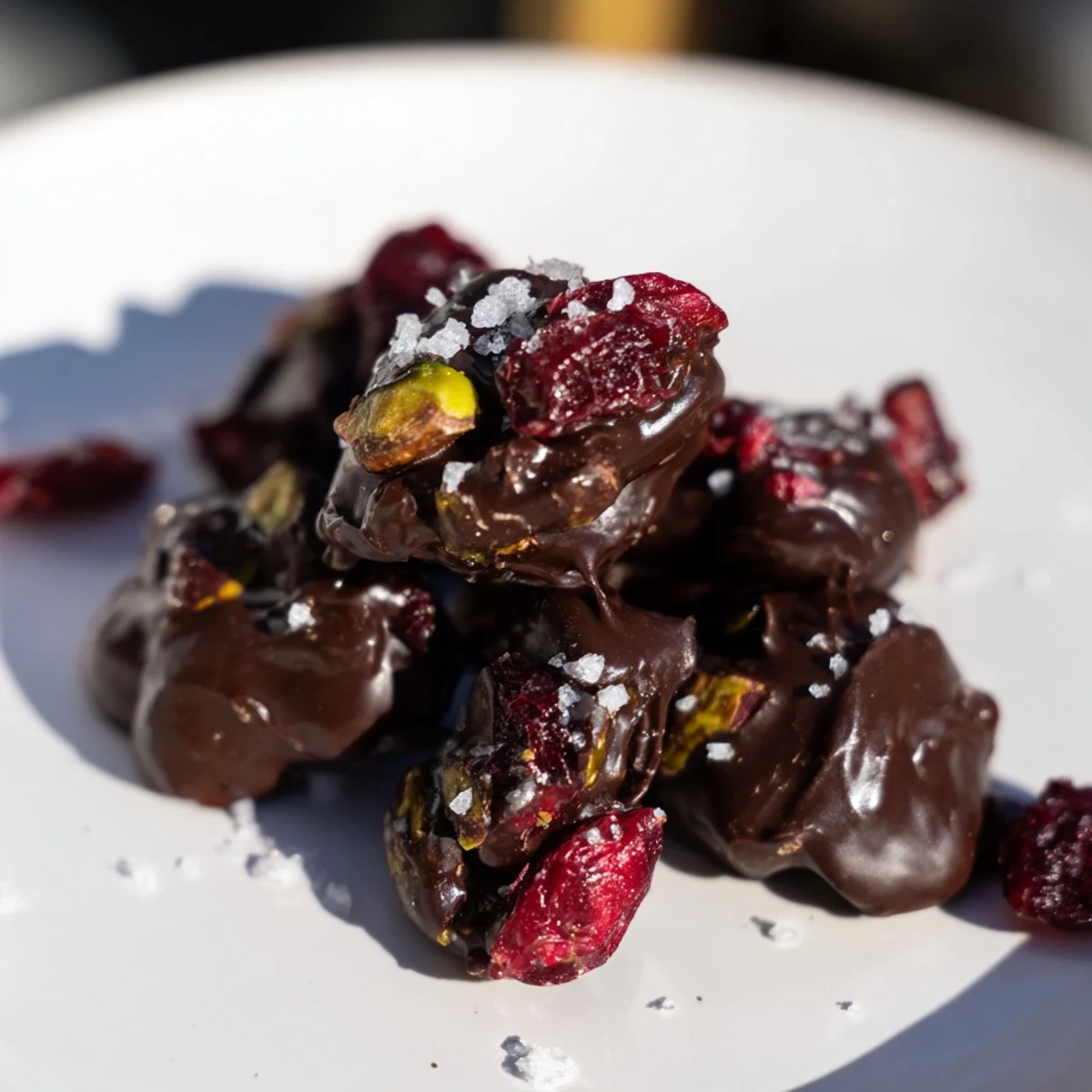 Golden, bite-sized Pistachio and Dried Cranberry Clusters, a satisfying treat with dark chocolate.