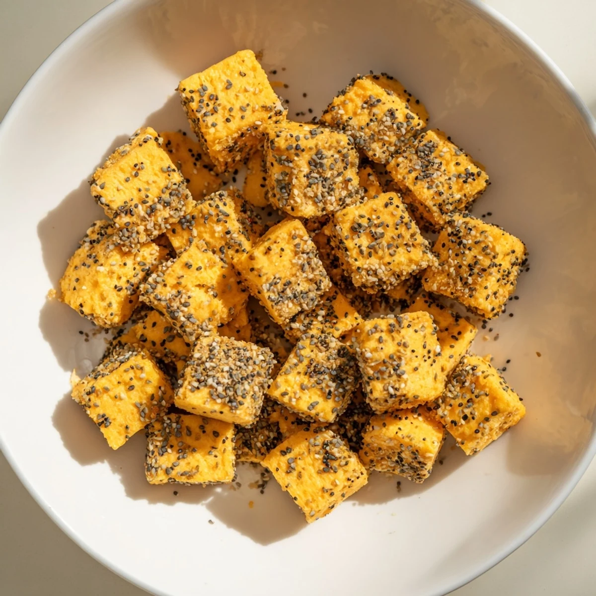 Close-up of everything bagel seasoning cheese cubes—each coated in flavorful seeds and spices for a quick, delicious snack.