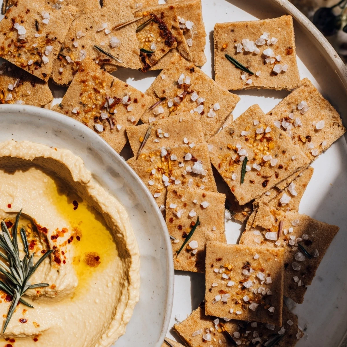 Golden-brown Holiday Crackers, sprinkled with sea salt, sit next to creamy, paprika-dusted hummus.