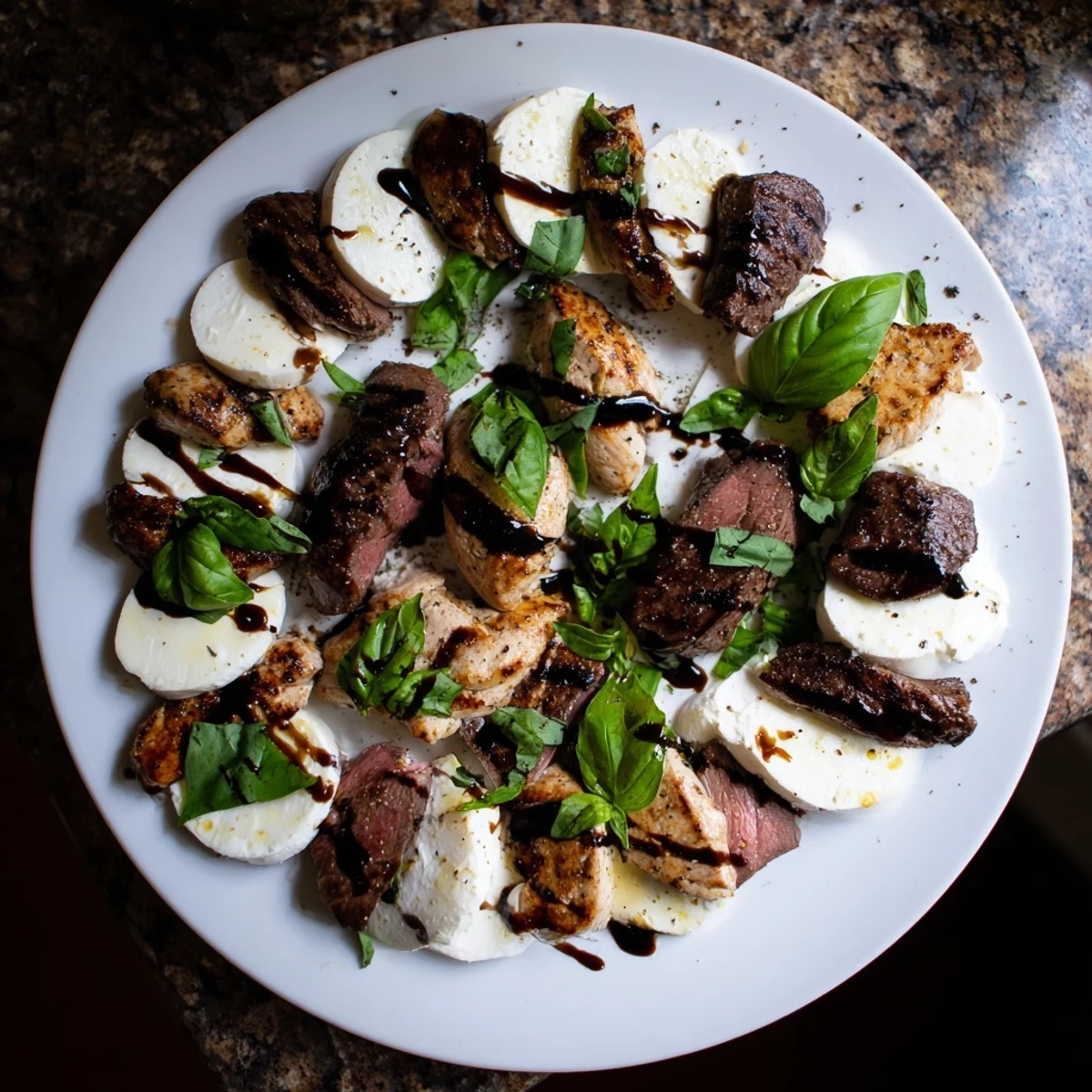 Savory Safari Stripes appetizer showcasing balsamic-glazed beef and chicken strips with creamy cheese for a striking presentation.