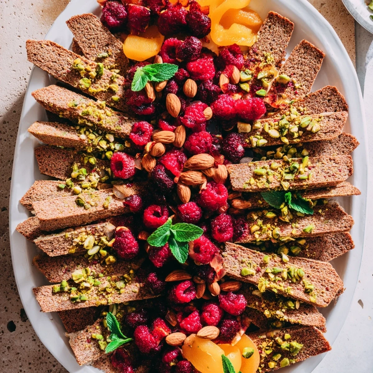 A colorful "Picket Fence" snack platter overflowing with berries and nuts, ready to share and enjoy.