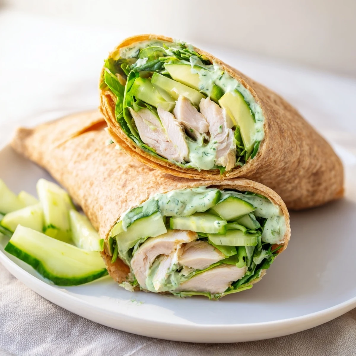 A delicious Green Goddess Wellness Wrap shows crisp vegetables beside juicy chicken and creamy avocado.
