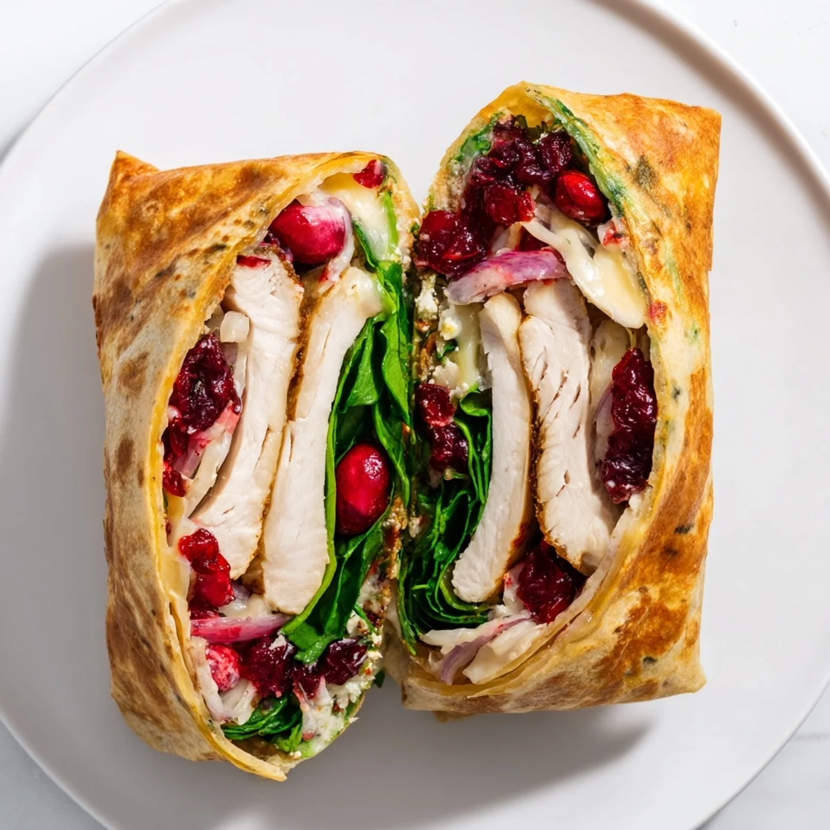 Close-up of a warm Chicken and Brie Holiday Wrap, showing the creamy brie and savory chicken filling.