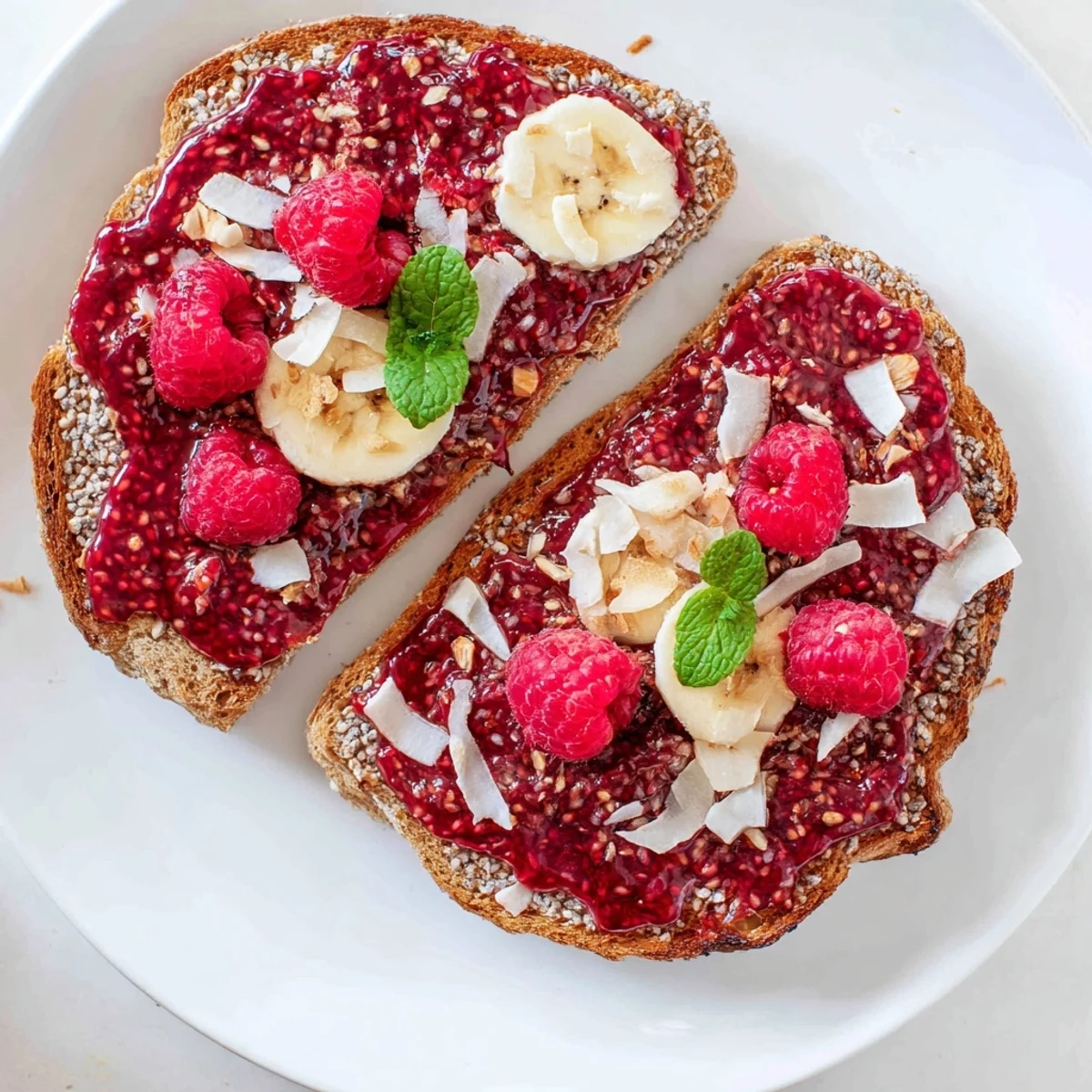 A close-up of vibrant raspberry chia jam toast, a delightful breakfast brimming with fresh berries.