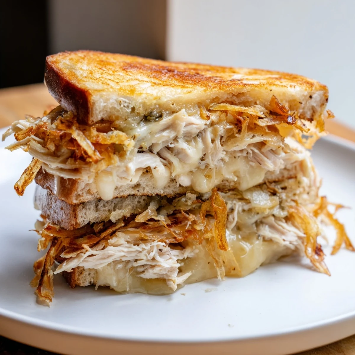 Golden-brown Crispy Shallot Chicken Grilled Cheese with melted cheese oozing out, delicious.