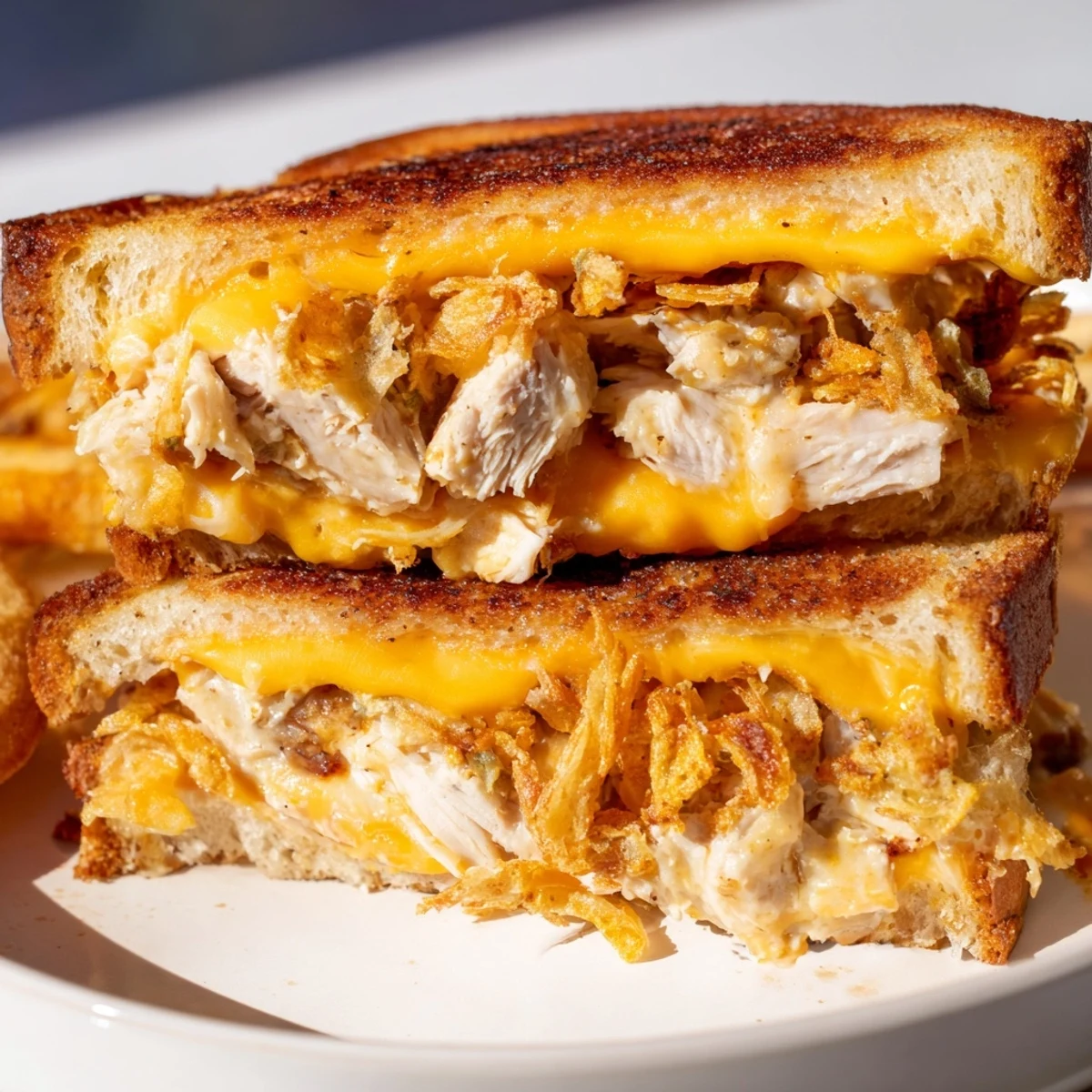 Close-up of a warm, comforting Crispy Shallot Chicken Grilled Cheese, perfect for a cozy meal.