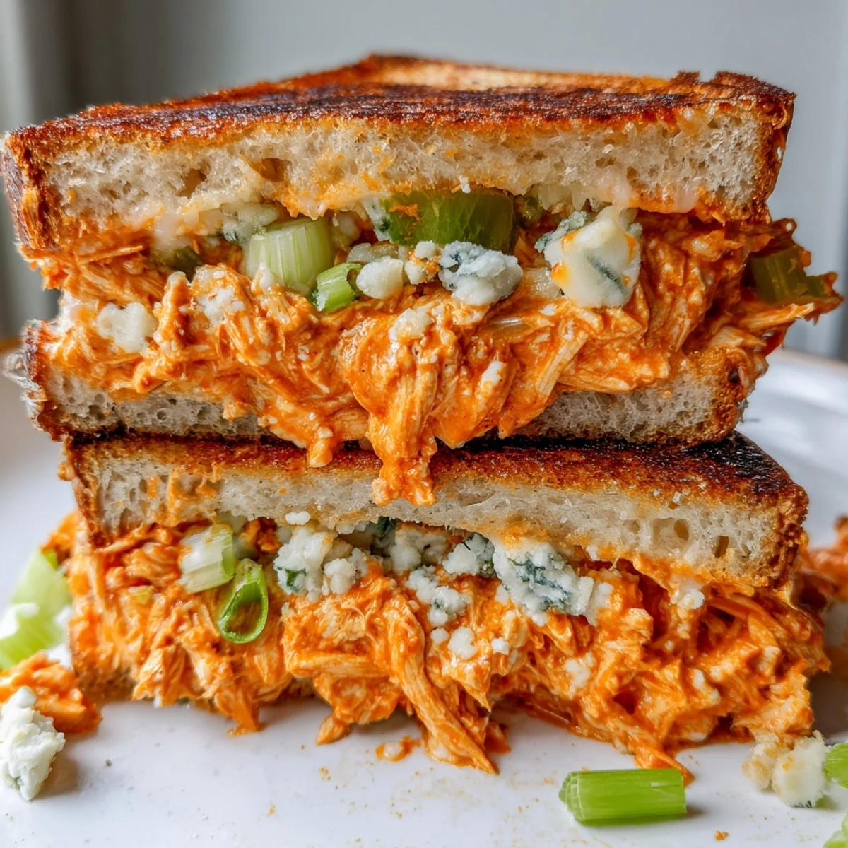 Golden, melty Buffalo Chicken Grilled Cheese, overflowing with spicy chicken and creamy cheese.