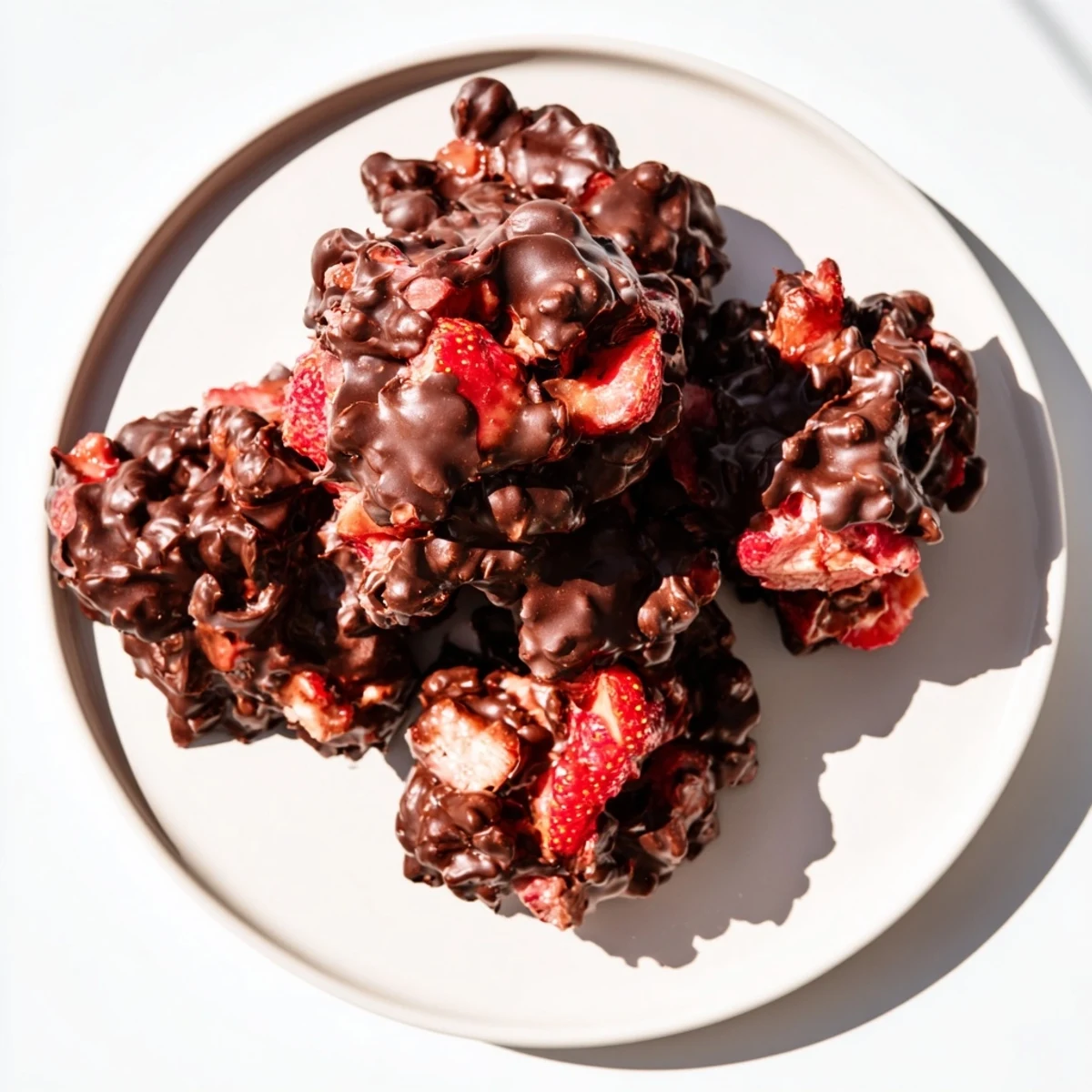 Frozen Strawberry Yogurt Clusters, beautifully coated in glossy dark chocolate, ready to eat.