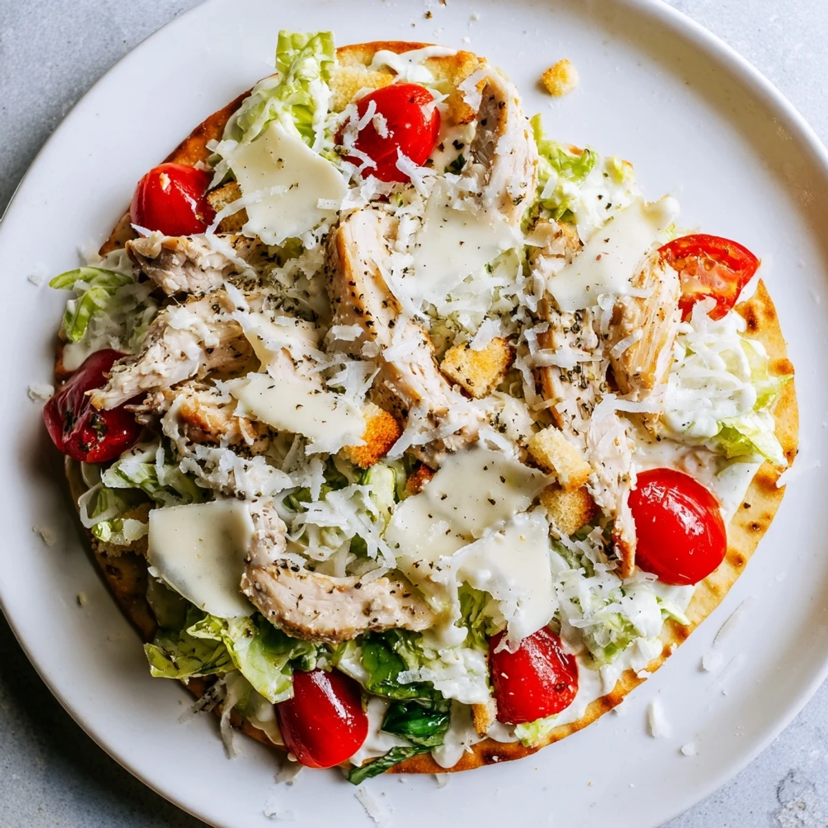 Chicken Caesar Flatbread loaded with grilled chicken, fresh greens, and creamy Caesar dressing.
