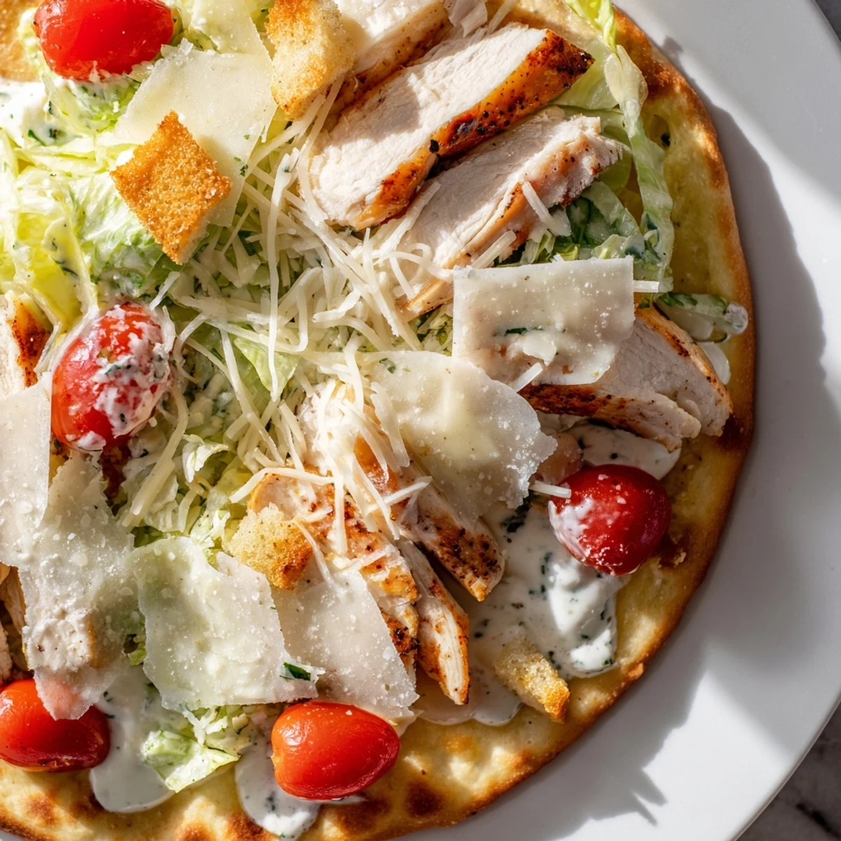 Enjoy this easy homemade Chicken Caesar Flatbread, featuring melty mozzarella and flavorful chicken.