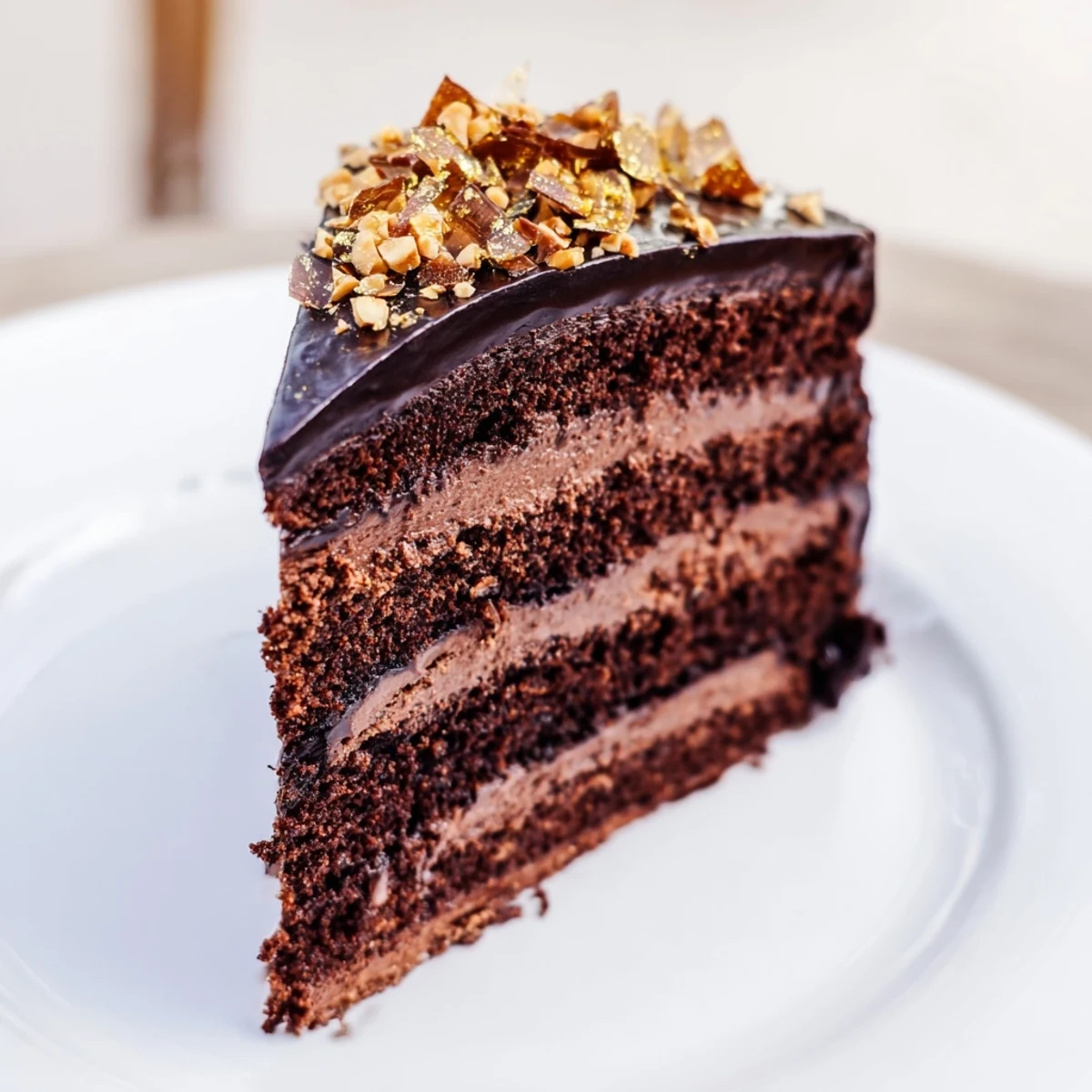 A slice of chocolate celebration cake reveals moist crumb layers filled with dark ganache and topped with crunchy hazelnut praline.