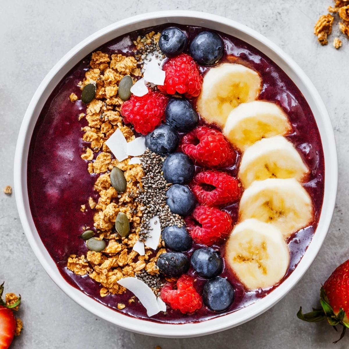 A vibrant Acai Berry Smoothie Bowl topped with fresh berries, banana slices, and crunchy granola, served in a white bowl.