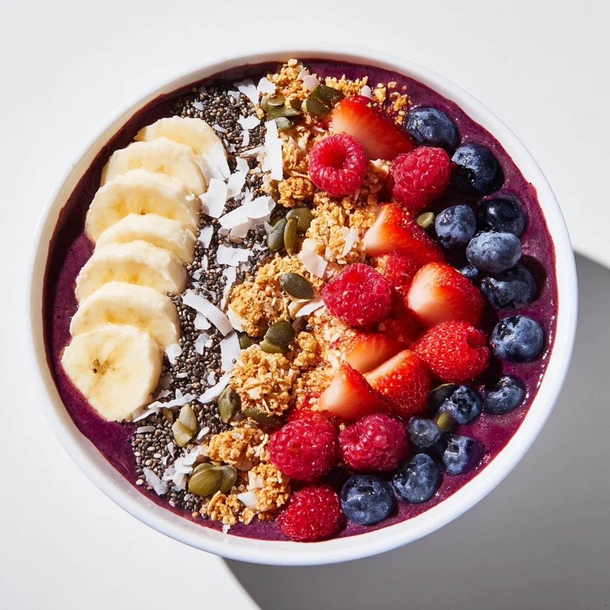 Colorful Acai Berry Smoothie Bowl breakfast or snack featuring fresh strawberries, blueberries, and pumpkin seeds for a nutritious, energizing start.