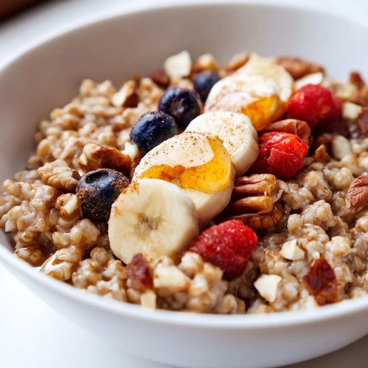 A close-up of warm buckwheat groats breakfast topped with sliced bananas, fresh blueberries, and chopped walnuts in a rustic ceramic bowl.