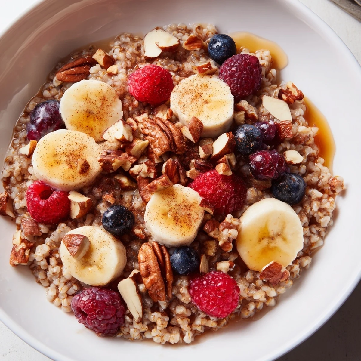 Steaming bowl of tender buckwheat groats breakfast garnished with mixed nuts and berries, ready to drizzle with maple syrup for a gluten-free morning meal.