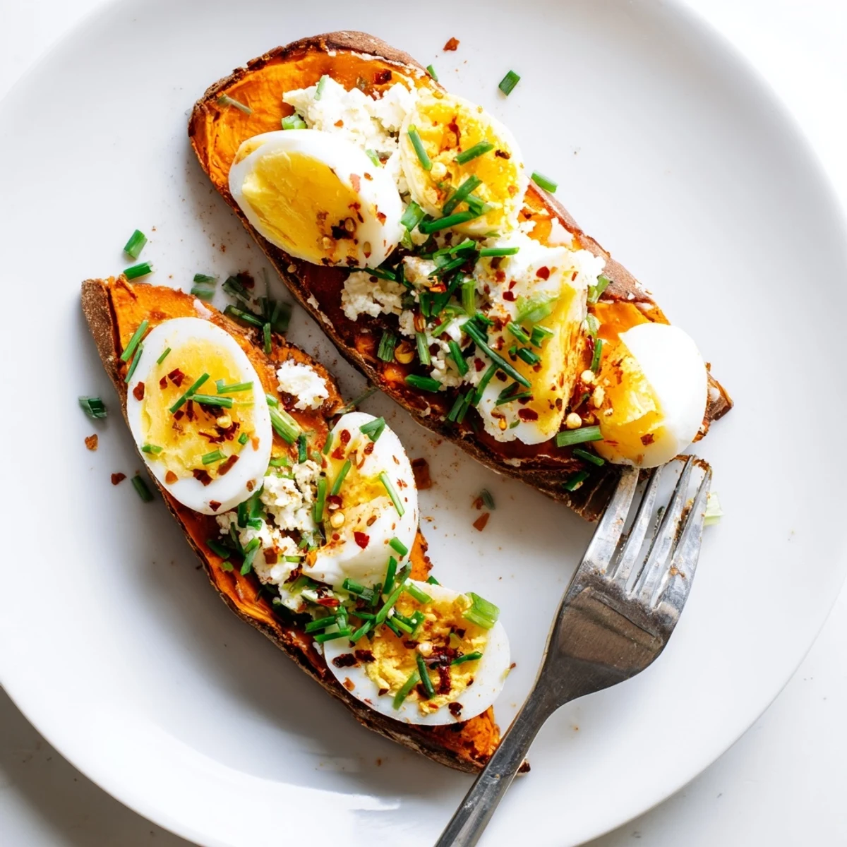 Savory sweet potato toast variations with hummus, crumbled feta, and chili flakes, served warm on a wooden board.