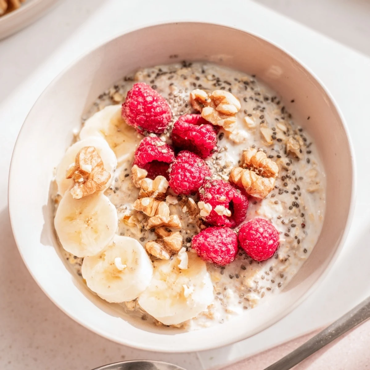 Thick, creamy overnight oats with chia seeds in a glass jar, topped with sliced bananas and fresh blueberries for a healthy, make-ahead breakfast.  