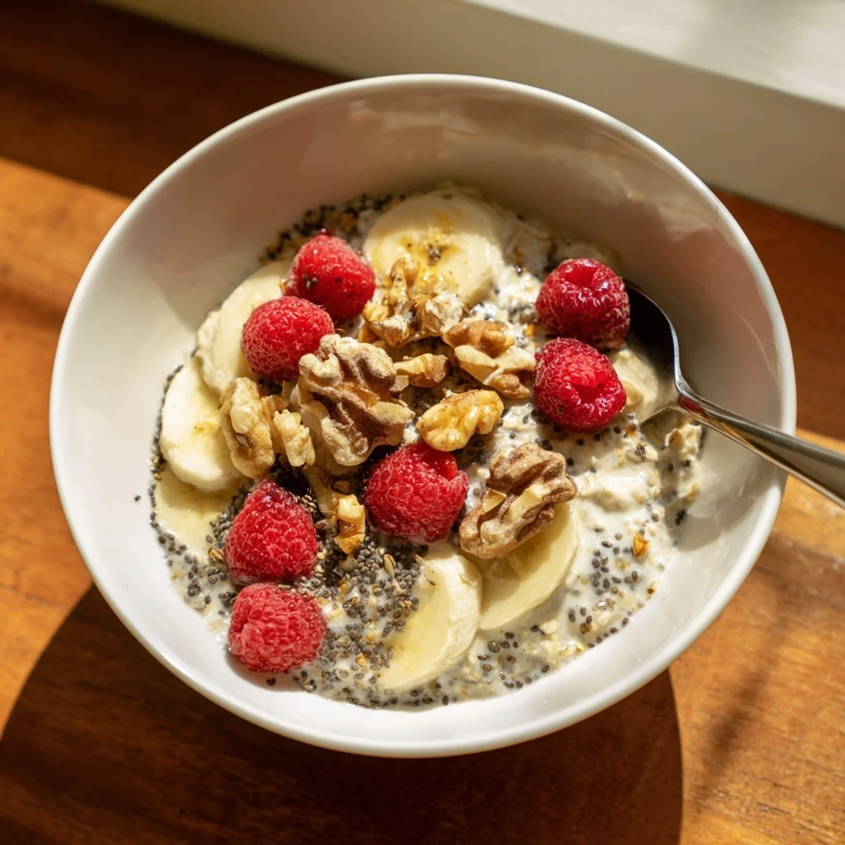 A spoon stirs spoonable overnight oats with chia seeds, Greek yogurt, and strawberries beside a drizzle of honey for a nutritious morning meal.  
