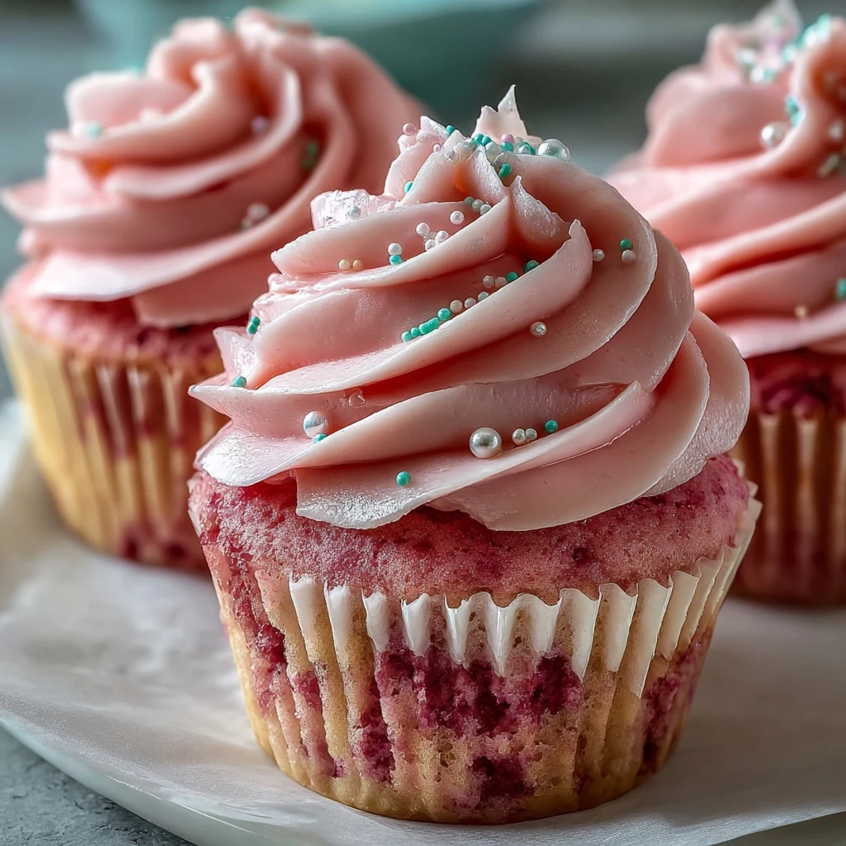 Moist, blush-pink velvet cupcakes topped with fluffy vanilla buttercream frosting and pink sugar sprinkles on a white plate.