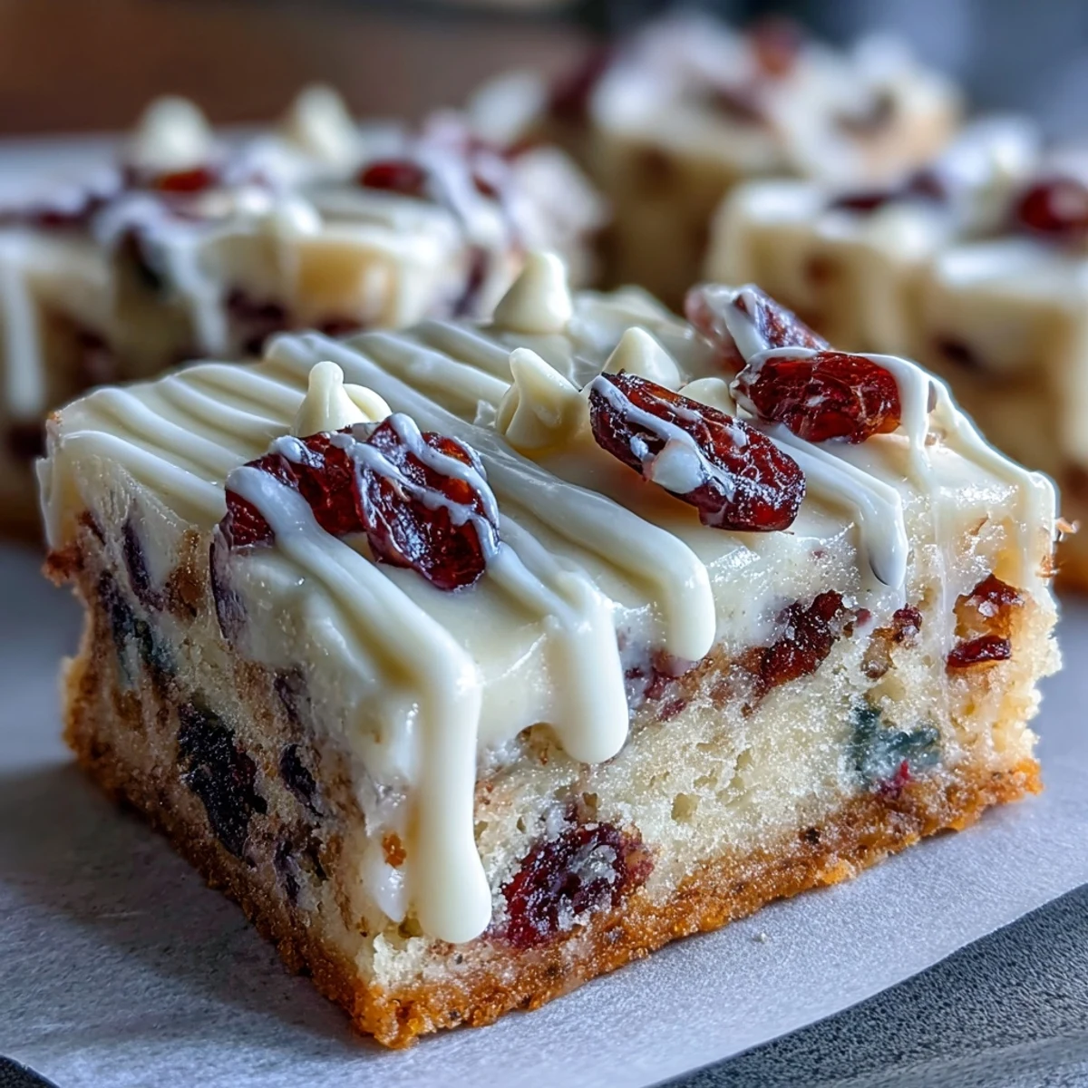 Freshly cut squares of Cranberry Bliss Bars showcasing creamy orange frosting, ruby cranberries, and a sweet white chocolate swirl.