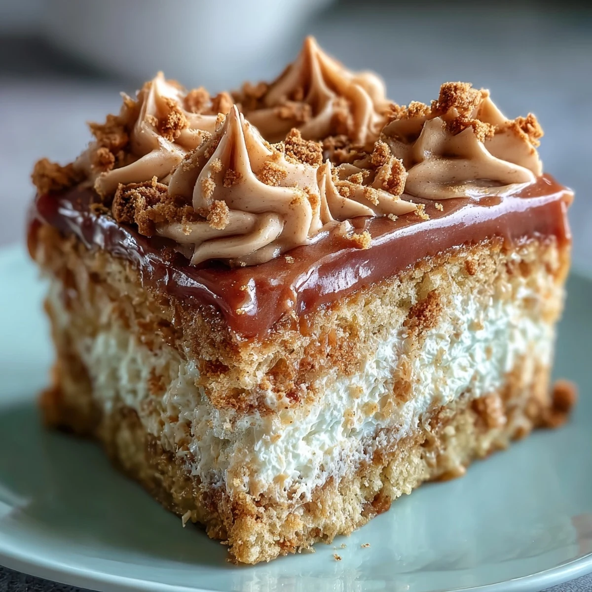 Freshly baked Decadent Baked Biscoff Cake on a cooling rack, topped with silky Lotus frosting and drizzled with extra Biscoff spread.