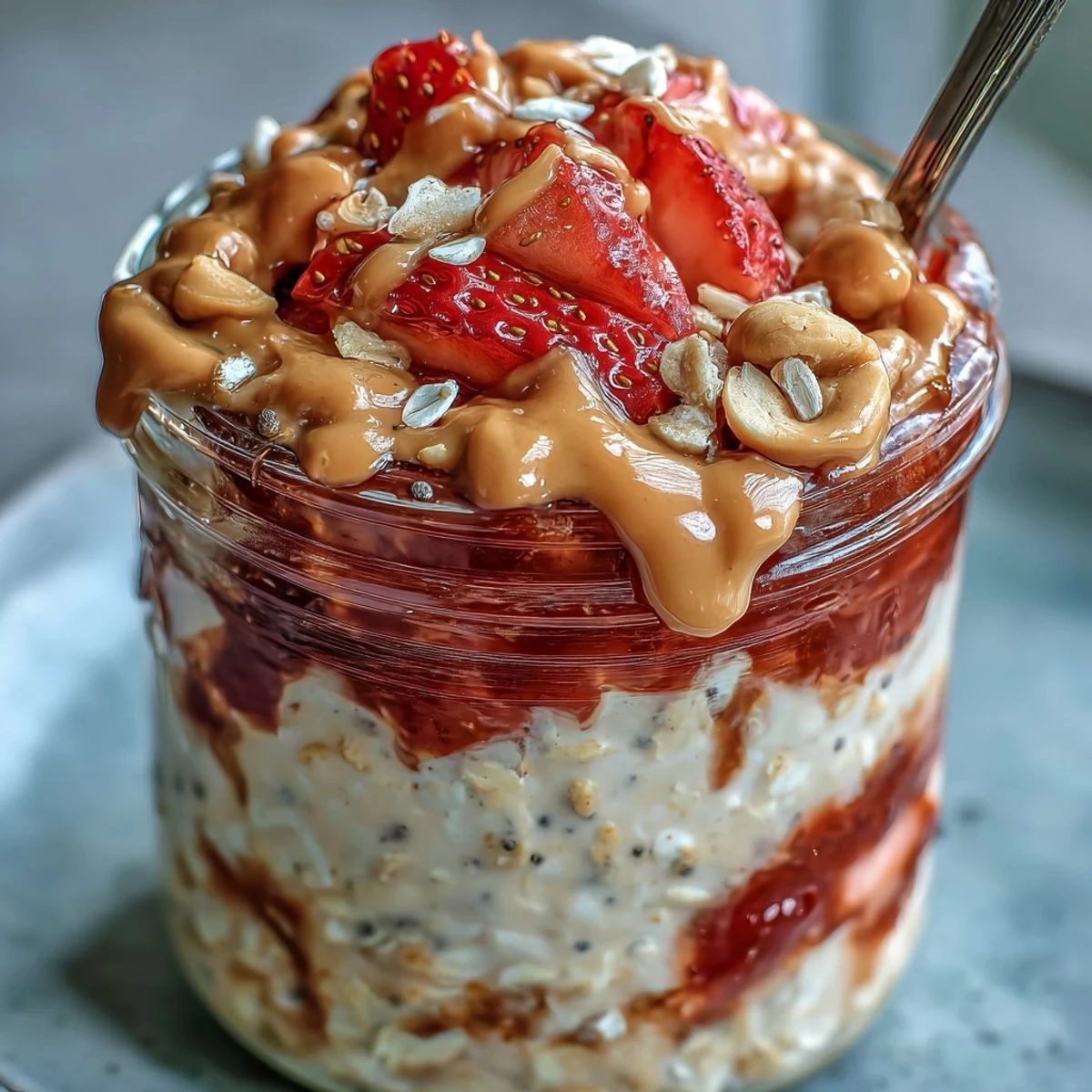 Creamy peanut butter and jelly overnight oats layered with vibrant strawberry jam swirl in a glass jar, topped with fresh sliced strawberries and a peanut butter drizzle for a hearty breakfast.