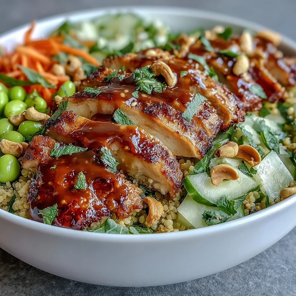 A serving of Sesame Ginger Chicken Couscous Bowls drizzled with zesty lime, topped with green onions and cilantro, ready for a satisfying dinner.