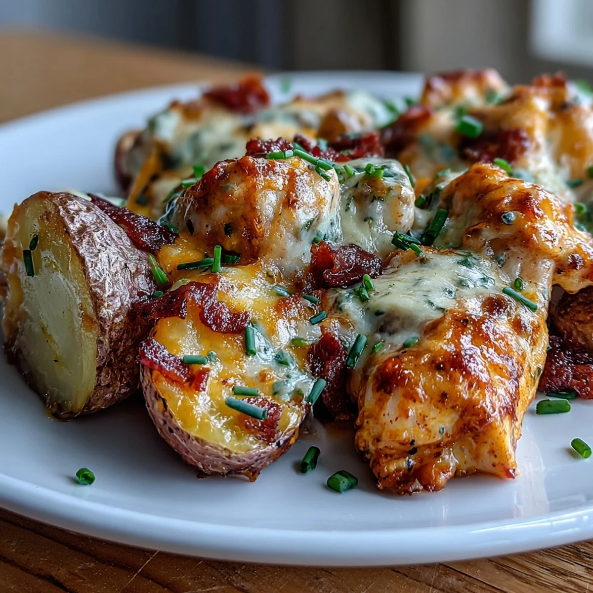 Golden-brown chicken breasts and tender baby potatoes sit in a vibrant red buffalo ranch sauce, bubbling under melted cheddar in a 9x13-inch baking dish.