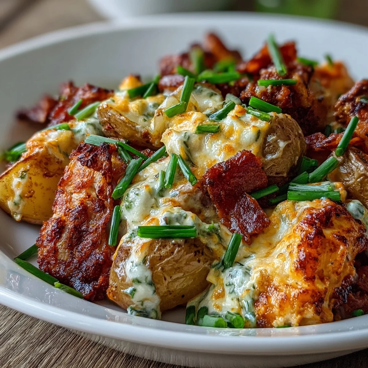 Sizzling Buffalo Ranch Chicken Potato Bake fresh from the oven, featuring golden cheese, colorful veggies, and a rich, creamy texture in a ceramic dish.