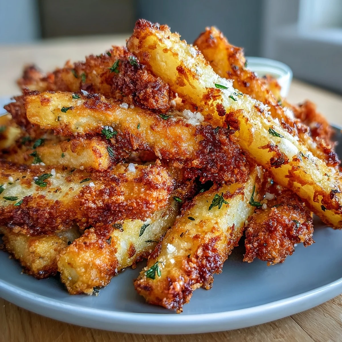 Perfectly cooked Crispy Baked Chicken Parmesan Fries stacked high, showcasing a crunchy Parmesan and herb breadcrumb coating.