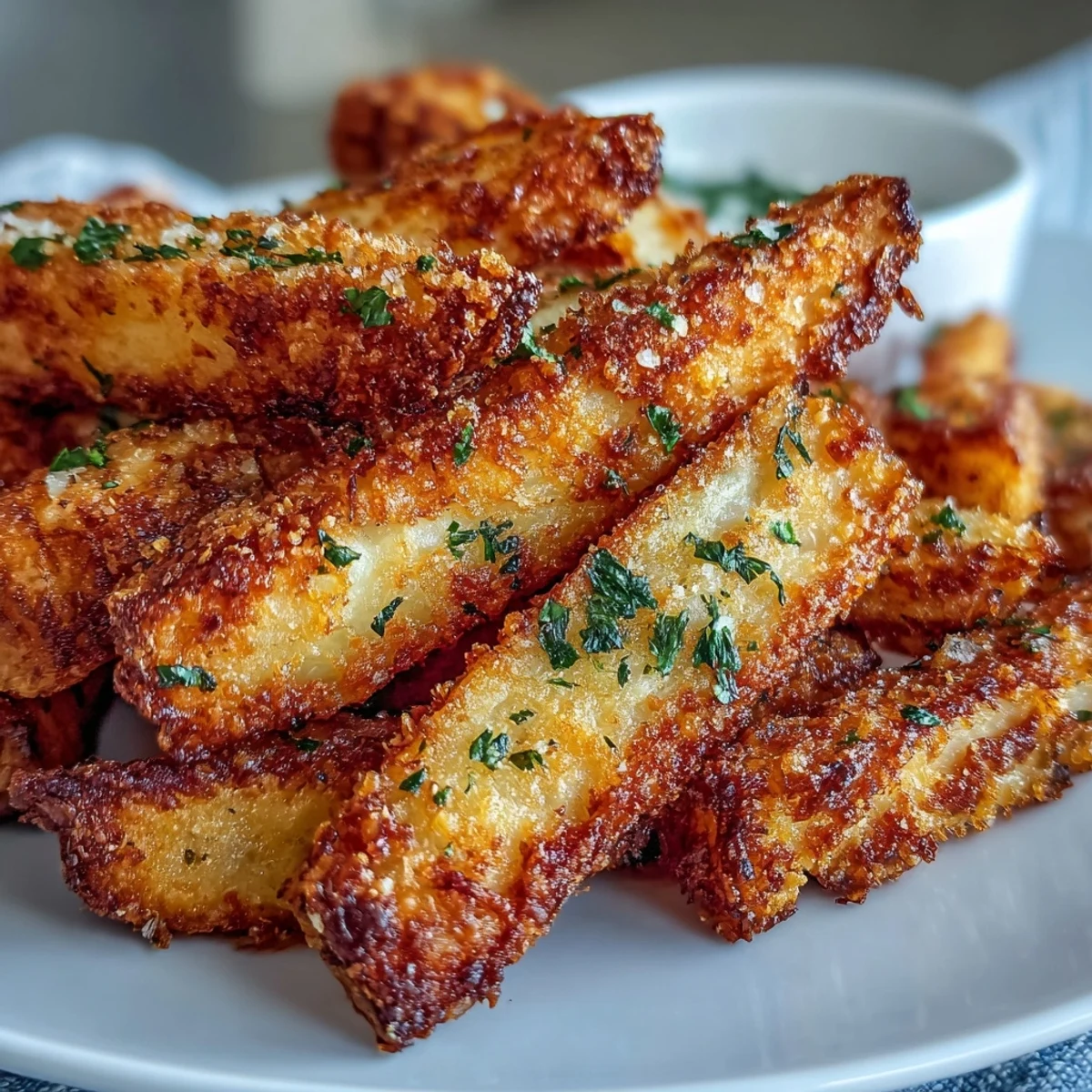 Golden-brown Crispy Baked Chicken Parmesan Fries arranged on a platter beside warm marinara and creamy ranch dipping sauces.