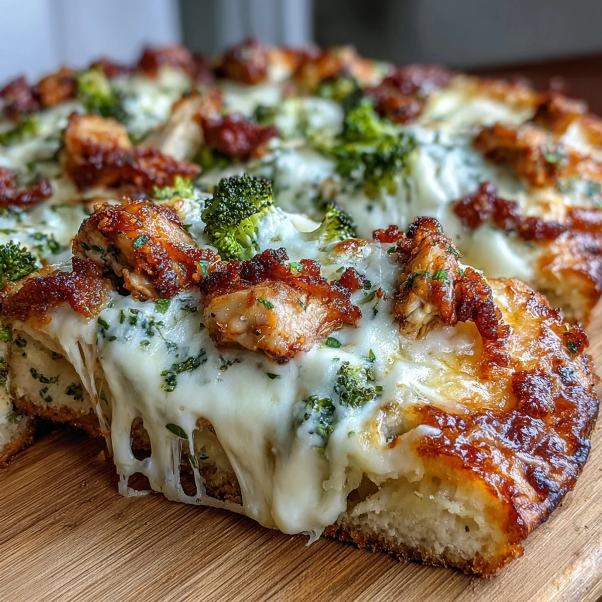Golden, thin-crust Garlic Parmesan Chicken & Broccoli Pizza with bubbling mozzarella and fresh green florets.