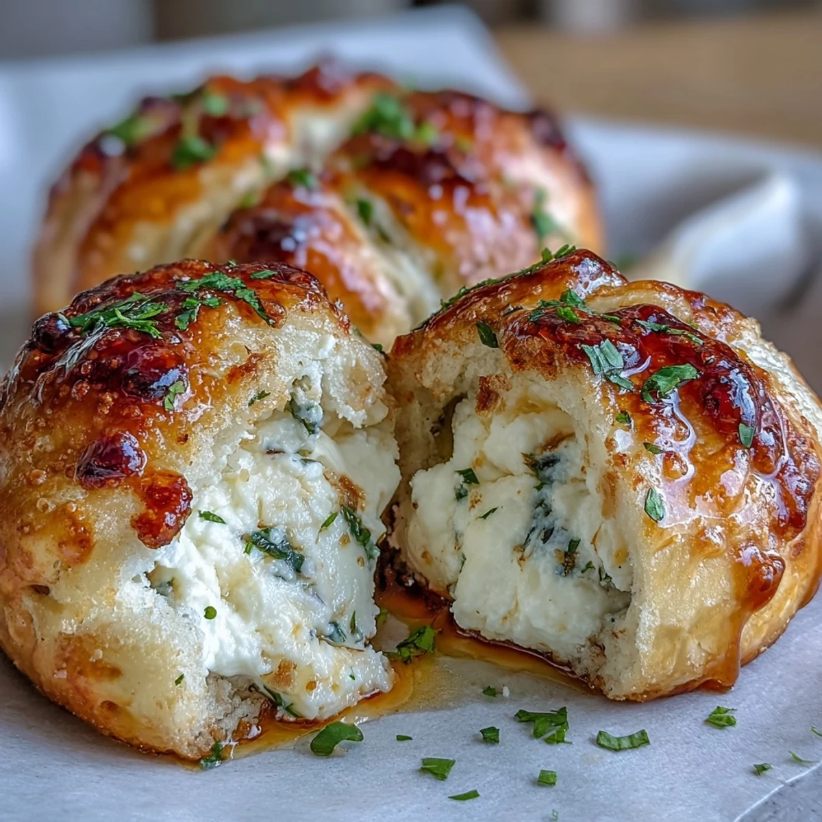 A plate of Hot Honey Ricotta Stuffed Garlic Knots cut open to reveal creamy ricotta filling, drizzled with vibrant hot honey.