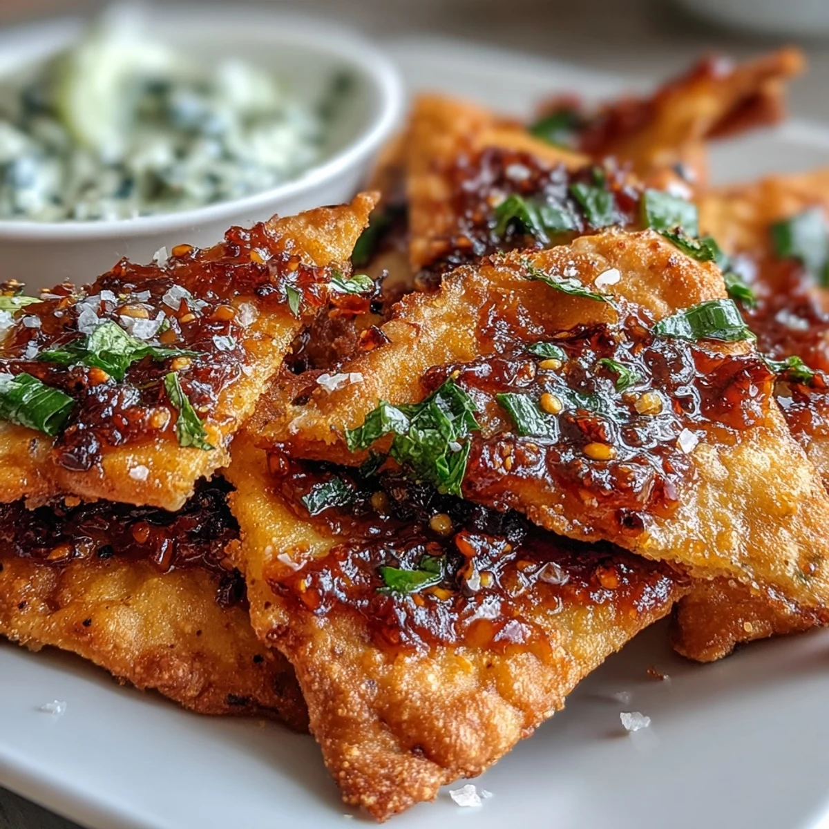 Golden, crispy Spicy Chili Crisp Garlic Naan Chips arranged next to a cool, creamy Asian cucumber dip garnished with fresh herbs.