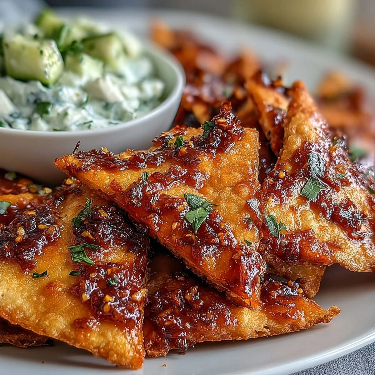 Crunchy Spicy Chili Crisp Garlic Naan Chips being dipped into a chilled, creamy Asian cucumber appetizer, perfect for game day snacking.