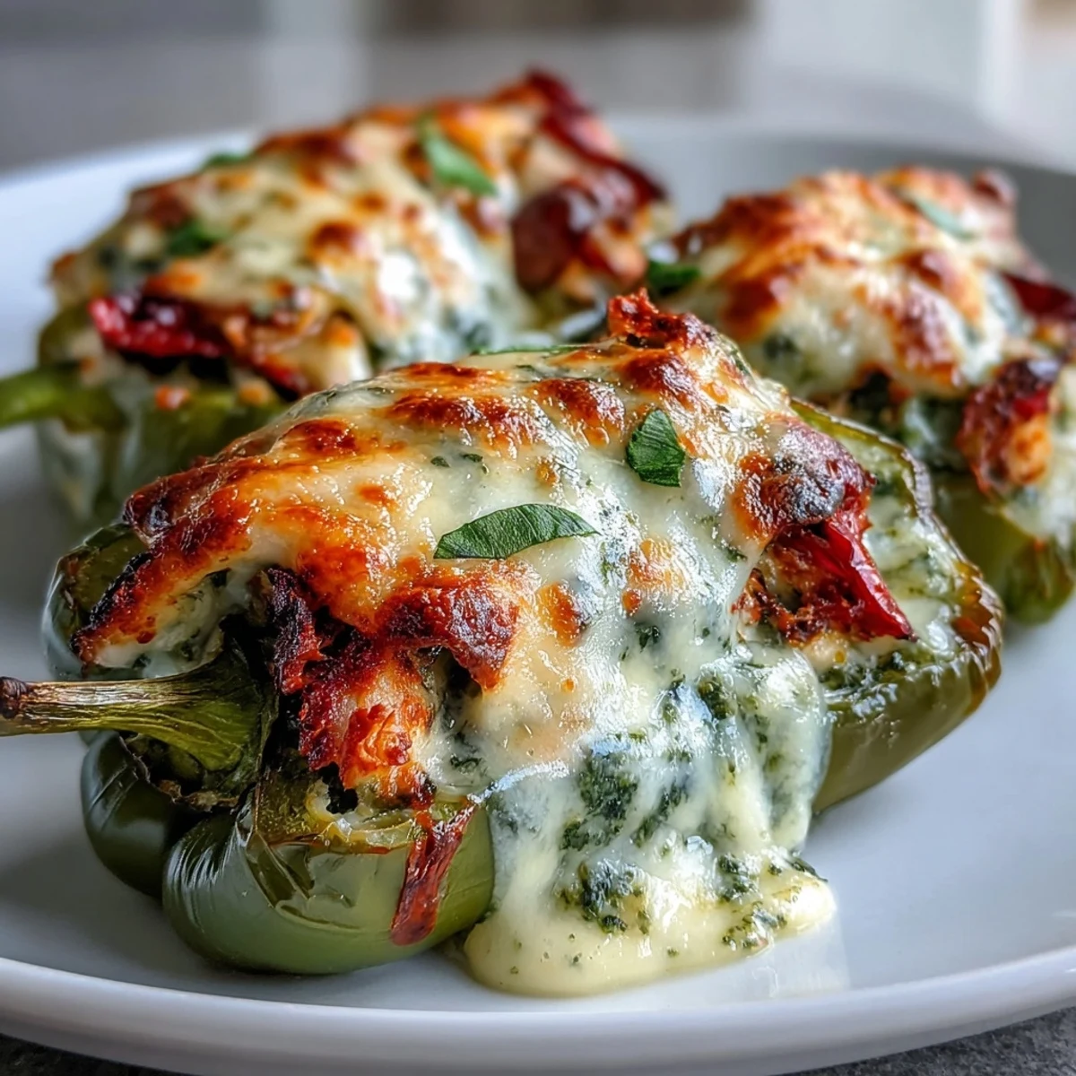 Freshly baked Pesto Chicken Stuffed Sweet Peppers cooling on a rustic wooden board for serving. Loaded with savory chicken, basil pesto, and parmesan, perfect for a party snack or light meal.