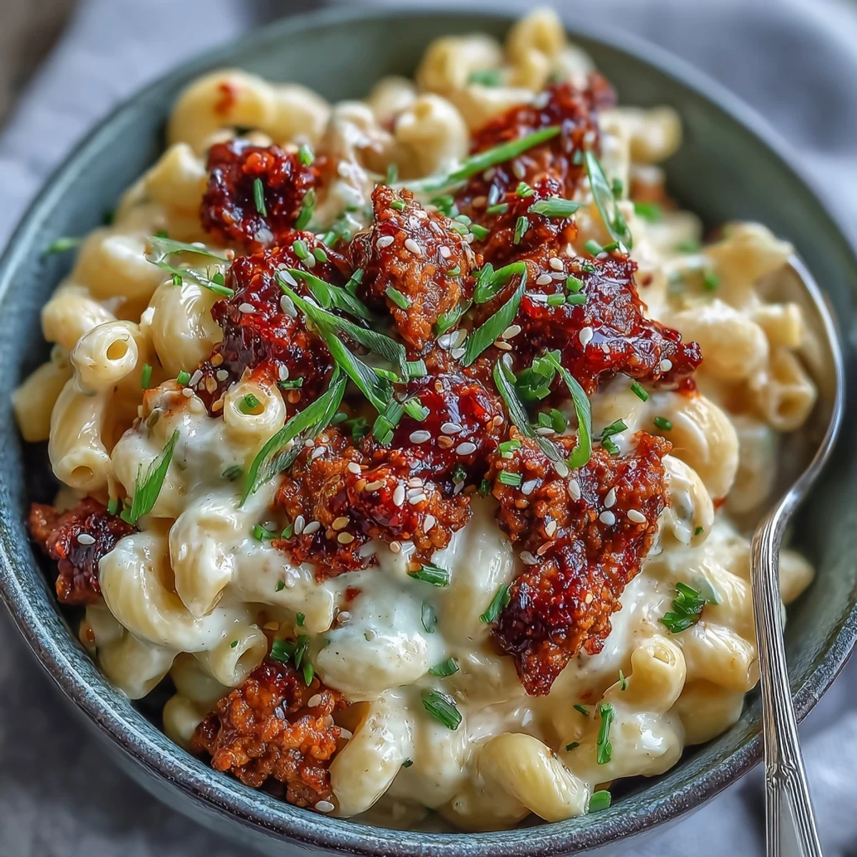 Creamy Korean-Style Turkey Mac & Cheese topped with fresh green scallions and sesame seeds on a rustic plate.