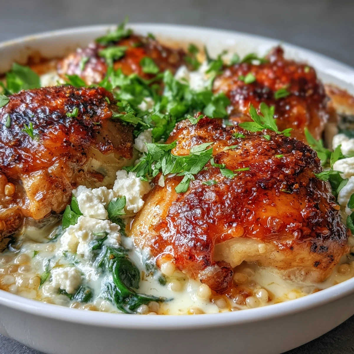 Plated Creamy Greek Chicken & Pearl Couscous Bake garnished with fresh dill and lemon wedges, served alongside a crisp Greek salad.