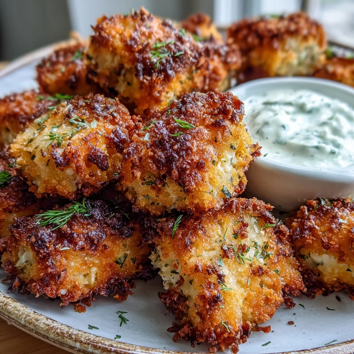 Golden-brown Simple Panko Crusted Salmon Bites are arranged on a plate ready for dipping with tartar sauce.