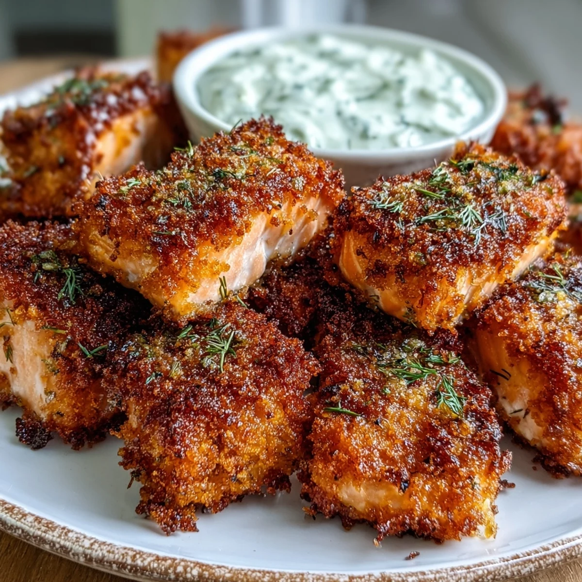 Crisp and moist Simple Panko Crusted Salmon Bites are served hot from the oven with lemon wedges.