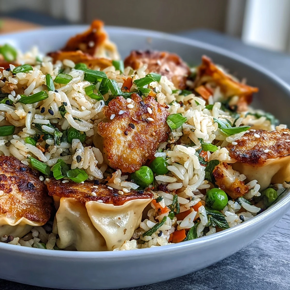 Golden Trader Joe's dumpling fried rice with fluffy grains, crisp mixed vegetables, and fresh green onions garnished with cilantro.