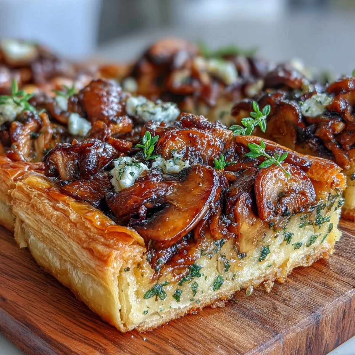 Freshly baked Wild Mushroom Tart garnished with parsley, served warm as an elegant vegetarian appetizer or brunch dish.