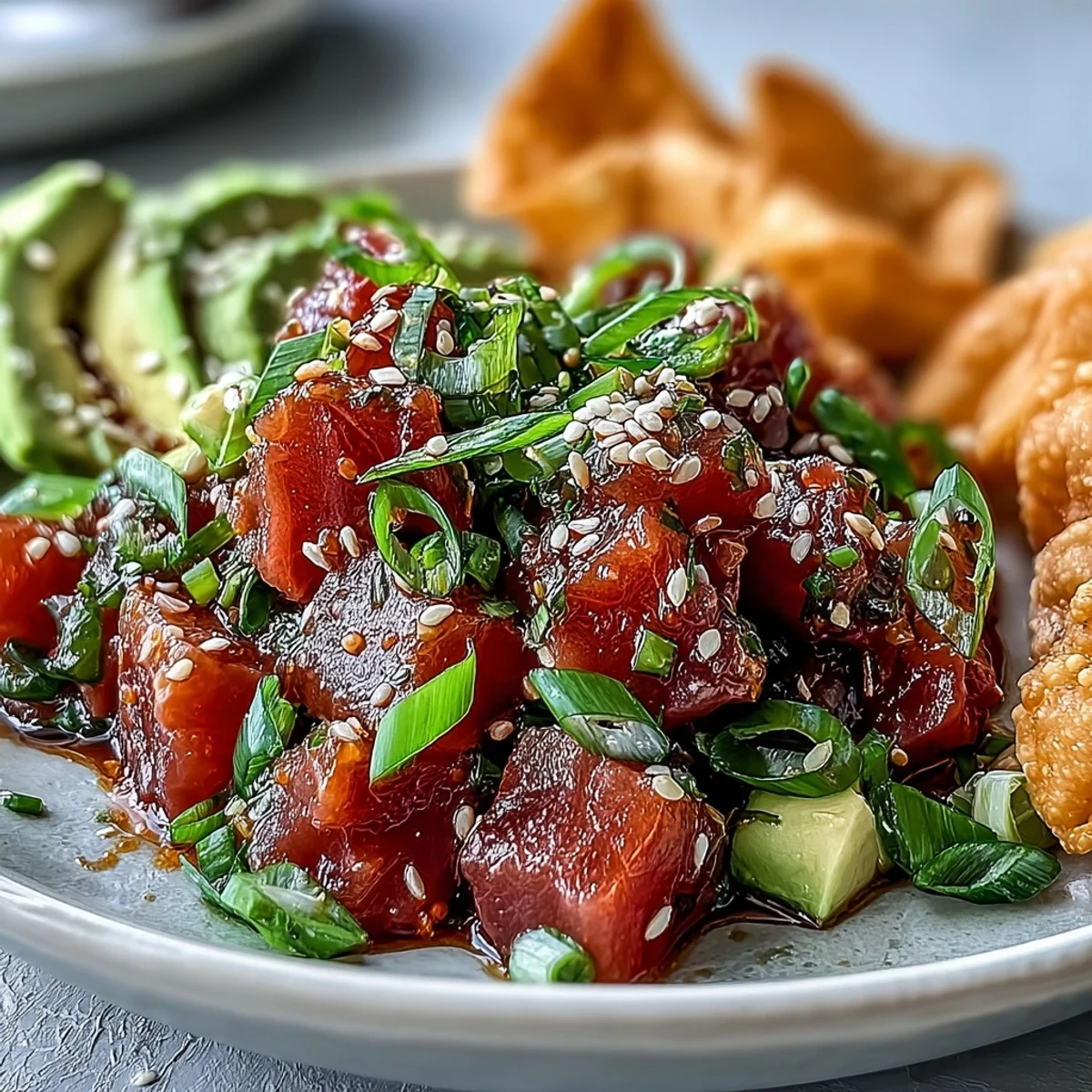 Golden-fried wonton chips are piled high with a vibrant spicy tuna tartare featuring fresh avocado and scallions.