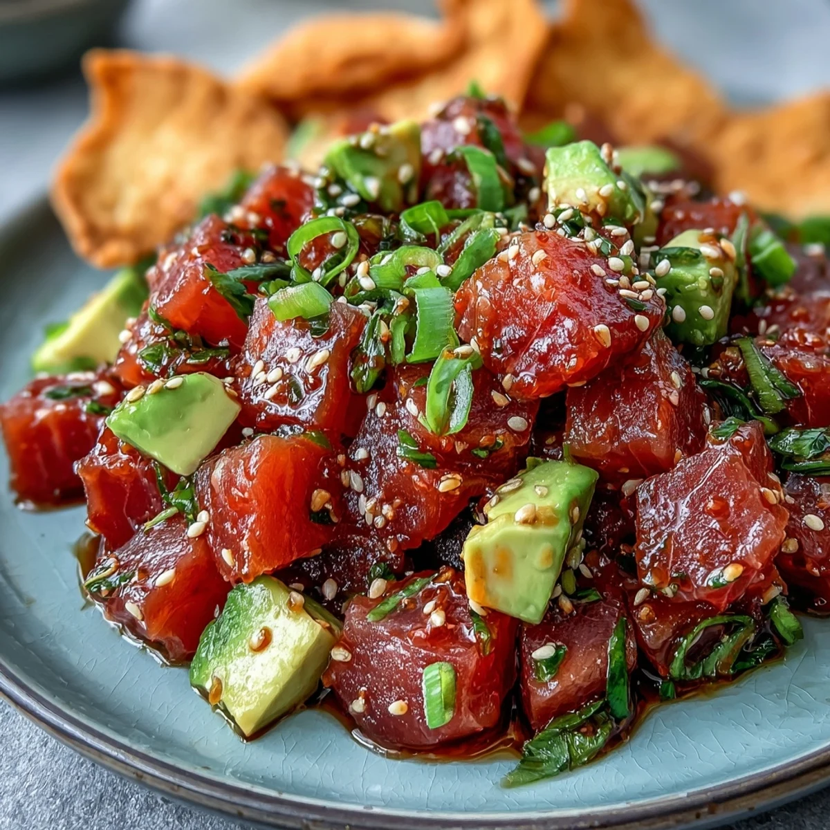 A serving of spicy tuna tartare with creamy avocado chunks and lime wedges on a rustic wooden board.