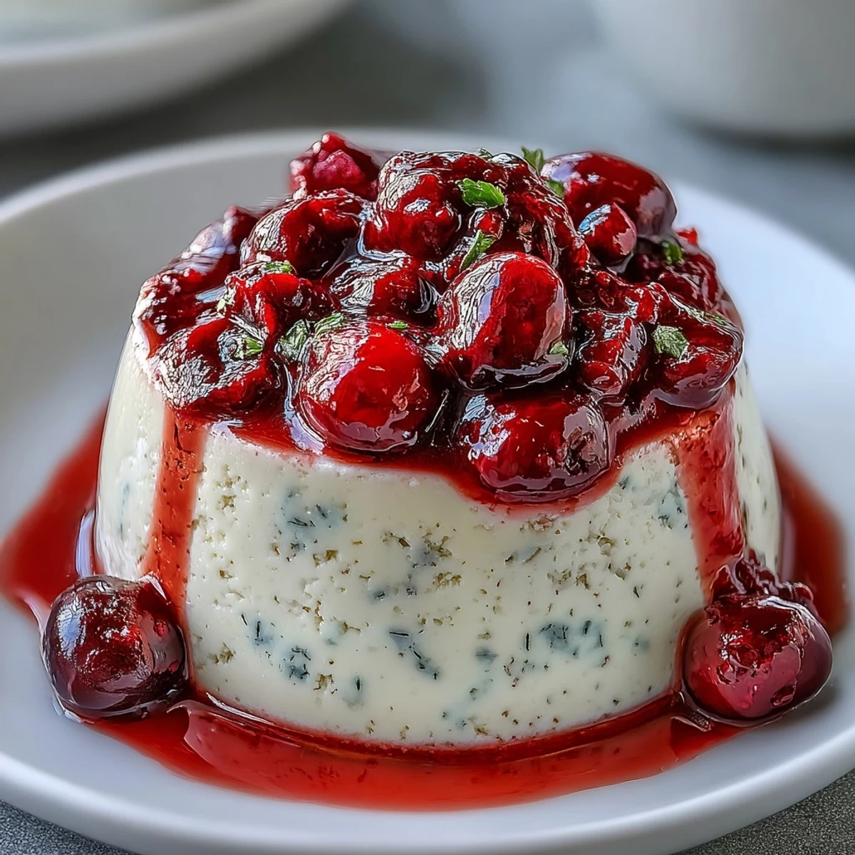 Creamy Cardamom Panna Cotta dessert unmolded onto a white plate, garnished with fresh mixed berries and mint.