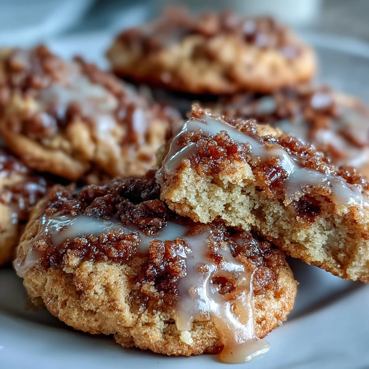 Close-up of warm Gilmore Girls Coffee Cake Cookies with crumbly streusel and drizzle, ready to serve with coffee.